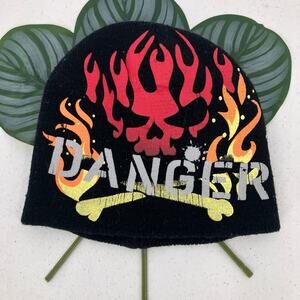 Danger Red Orange Yellow Black Skull Cross Bones Knit Youth One Size Beanie Hat